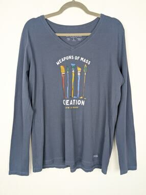 Life is Good T Shirt Weapons of Mass Creation Paintbrush Artsy Boho Blue Size L